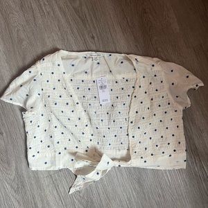 American Eagle Tie Front Smocked Top, White with Blue Polka Dots